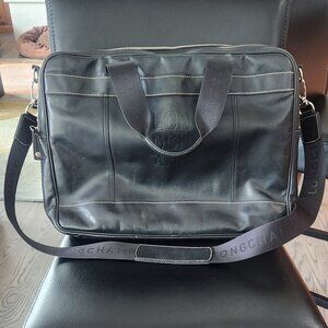 Longchamp black all leather briefcase and computer bag